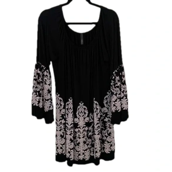 Voll Gypsy Boho Black White Bell Sleeve Dress Size 3X Rounded Neckline - Picture 5 of 7